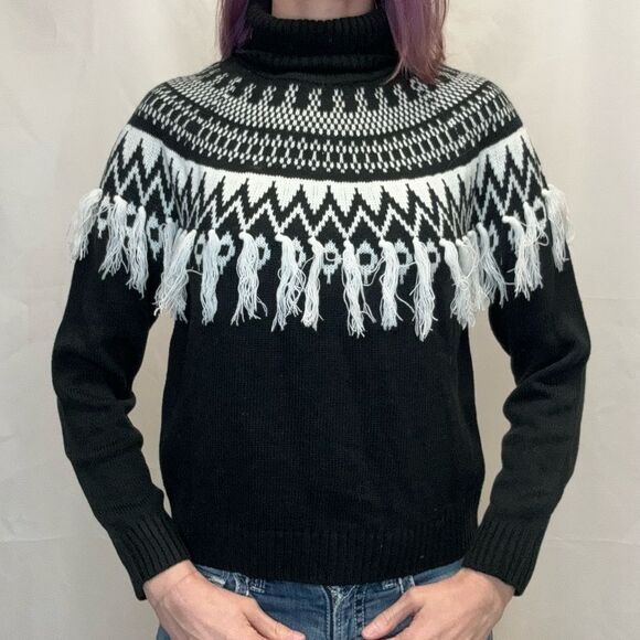 CATO Women Fair Isle Sweater Tassels Black White M Med Medium Raglan Long Sleeve - Picture 1 of 13